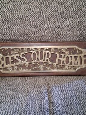 Vintage 'Bless Our Home' Brass & Wood Wall Plaque